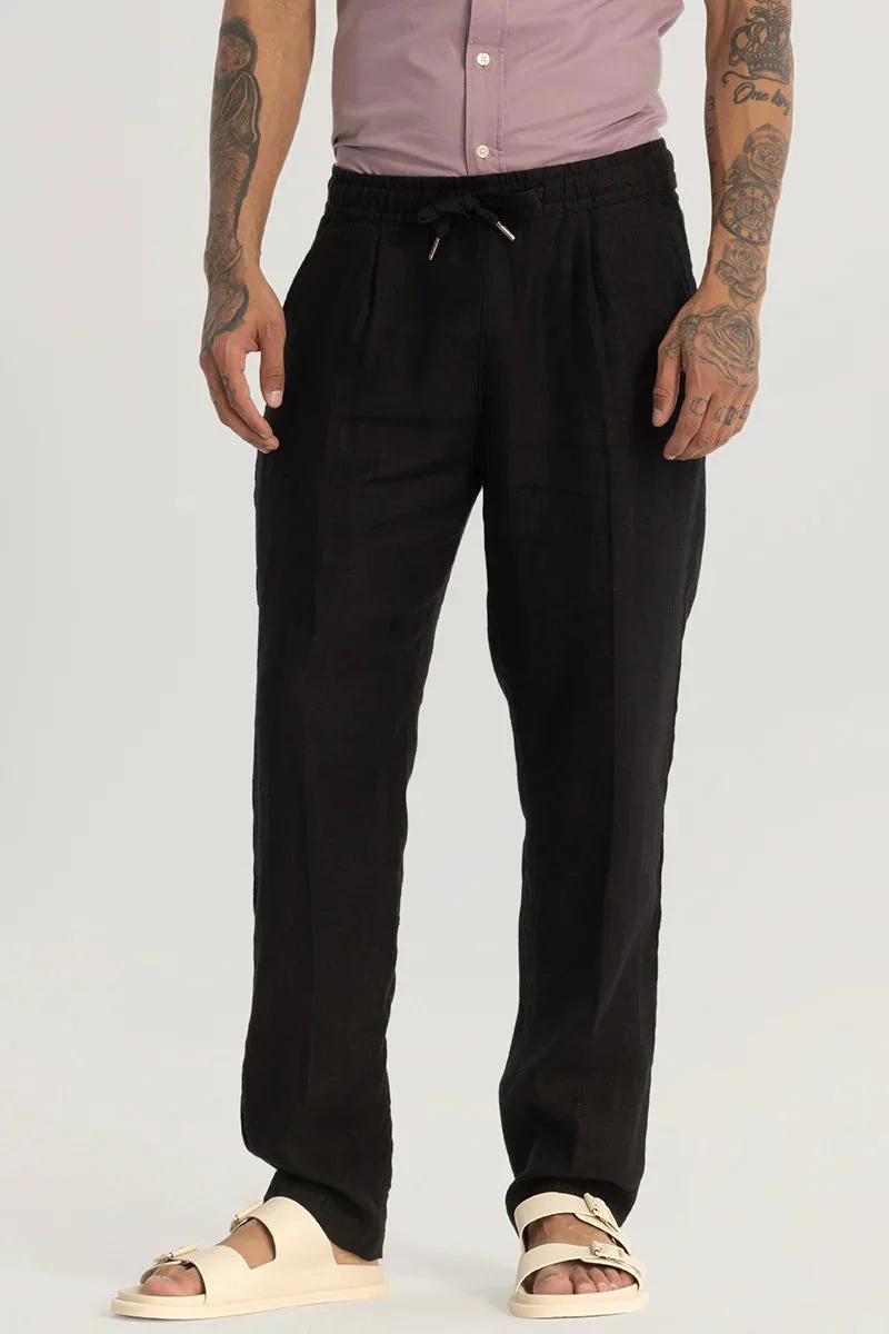 سنيتش Black Relaxed Fit 100% Linen Trousers